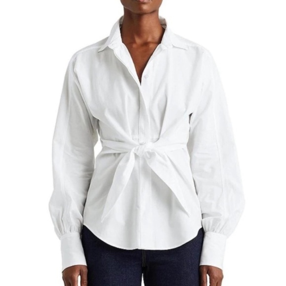 Lauren Ralph Lauren White Balloon Sleeve Tie Front Broadcloth Shirt EUC M
